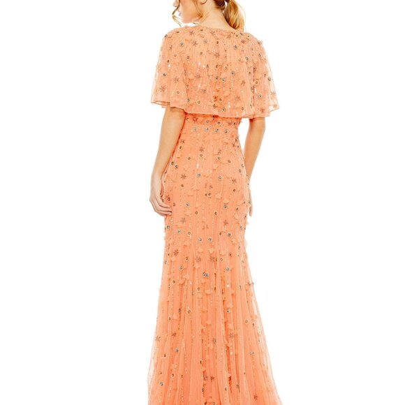 NWT $698 Mac Duggal 10 Embellished Cape Sleeve Trumpet Gown in Coral Oran… - Picture 3 of 12